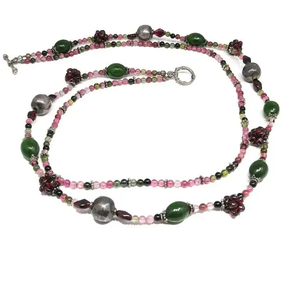Vintage Gemstone Beaded Necklace, Garnet Clusters, Two Strands, 1990s Vintage